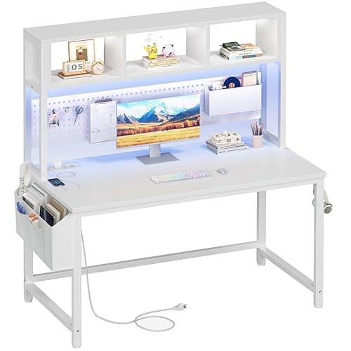 White Computer Desk with Hutch and Pegboard - Computer Desk with Power Outlets, 47 Inch Modern Study Teen Desk with Pegboard Storage Bag, Hooks and Side Bag,Writing Desk for Bedroom Home Office - White - 47.2"