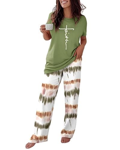 CHICME Womens Pajamas Sets 2 Piece Short Sleeve Lounge Set Printed Loose Pants Pj Sets Loungewear Set - Image 1