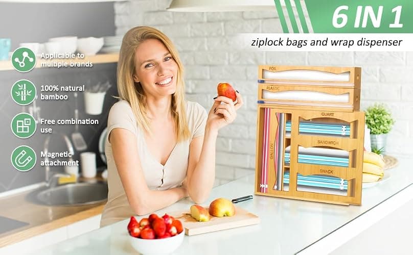 WHOMASS 6-in-1 Magnetic Bamboo Drawer Organizer for Food Bags and Wraps Adjustable Compartment Storage with Dispenser and Cutter Fits Gallon Quart Sandwich and Snack Sizes thumbnail 8