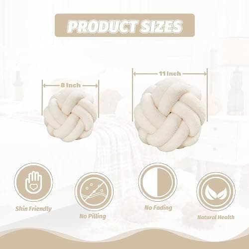 Uvvyui Knot Pillow Ball, Soft Ivory Home Decor Knotted Pillows, Handmade Round Plush Throw Pillow, Aesthetic & Cute Large Decorative Pillows for Bed, Floor, Couch, Bedroom Home Decor 11 inches thumbnail 2