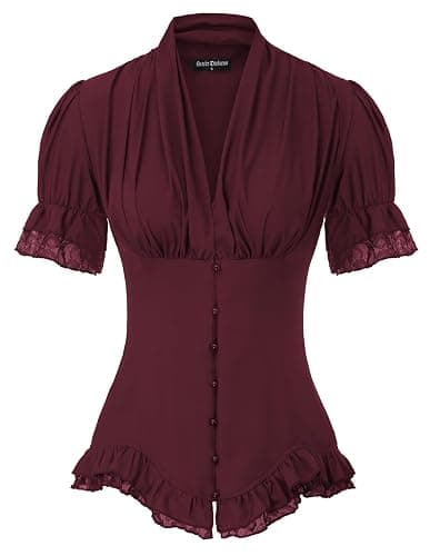 Scarlet Darkness Womens Work Tops Elegant Short Sleeve Victorian Blouse | Ideal for Ren Faire, Pirate Festival, Office, Business, Daily. V Neck, Button Down, Lace Up Back, Lace Patchwork - Image 1