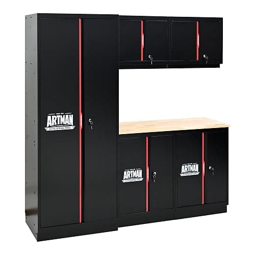 S.Walt Pre-Assembled Garage Storage Cabinet System, No Assembly Required, 6-Piece Workshop Cabinet Set in Black & Red with LED Lights, Wood Worktop, Key Locks, Adjustable Doors and Legs - Image 1