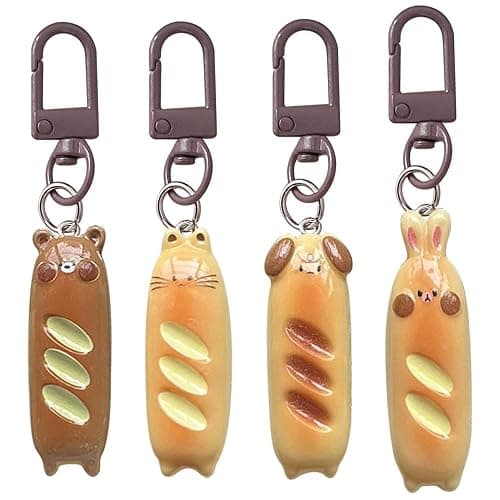 4Pcs French Bread Cute Keychain Key Rings for Backpack Purse - Cat, Rabbit, Dog, Bear Resin Creative Pendant Charms - Kawaii Accessories for Women - Image 1
