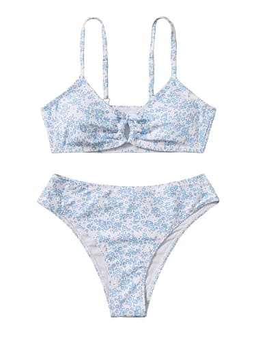 OYOANGLE Girl's 2 Piece Ditsy Floral Bikini Swimsuit Ring Linked Ruched Bathing Suit - 13 Years - Blue - Image 1