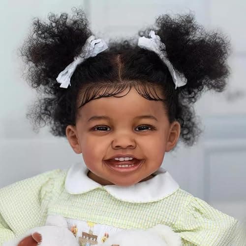 Wamdoll 24Inches Sweet Smiling Rooted Curly Hair Lifelike Reborn Baby Girl Dolls that Look Real and Feel Real, Realistic Newborn Toddler Collectible Art Doll in Dark Brown Skin thumbnail 5