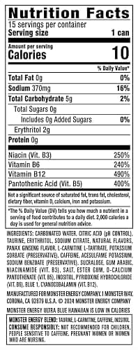 Monster Energy Ultra Blue Hawaiian, Sugar Free Energy Drink, 16 Ounce (Pack of 15) thumbnail 4