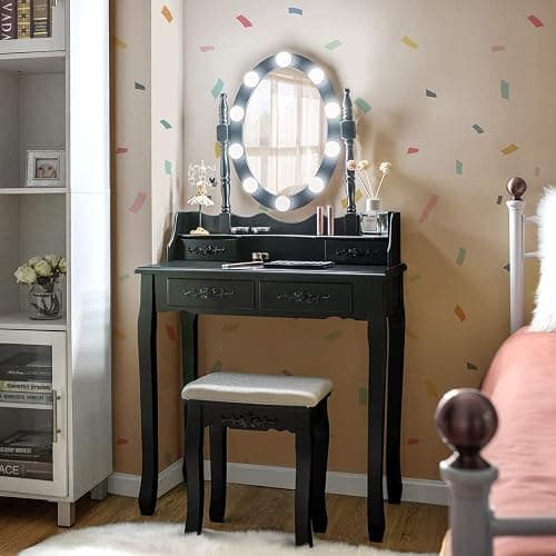 Giantex Makeup Vanity Table with 10 LED Lights, Adjustable Brightness, 4 Drawers, Rotatable Mirror, Cushioned Stool, Vanity Desk Dressing Table Bedroom Furniture (Black) thumbnail 3