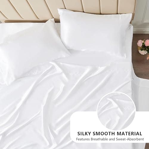 CozyLux Satin Sheets Queen Size Bed Set - 4 Piece Silky Queen Sheet Set, Luxury White Queen Sheets with Smooth and Soft Microfiber, Includes 1 Fitted Sheet, 1 Flat Sheet and 2 Pillowcases thumbnail 3