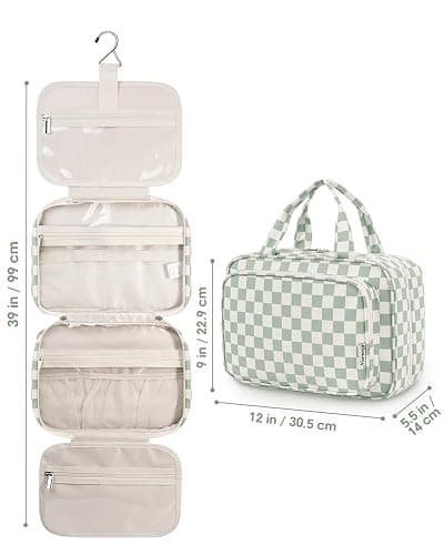 Narwey Travel Toiletry Bag for Women Large Hanging Makeup Bag Organizer Toiletries Bag for Full Size Essentials Accessories Cosmetics (Mint Green Checkerboard (Large)) thumbnail 9