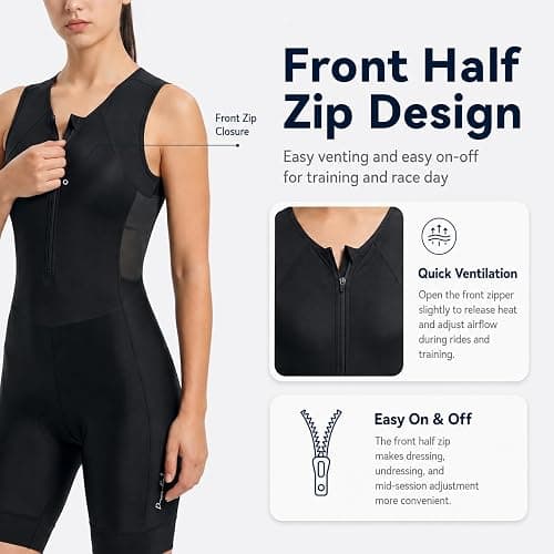Przewalski Women's Triathlon Suit, Sleeveless Padded Half-Zip Trisuit | Breathable swim-bike-run trisuit with medium compression, a 4mm tri pad, 2 rear pockets, and silicone leg grippers thumbnail 3