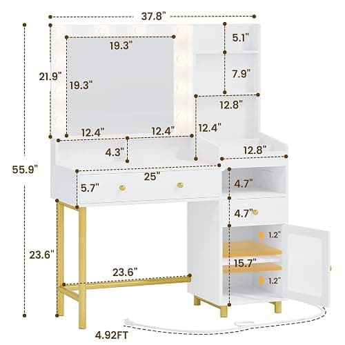 VIAGDO White Vanity Desk with Mirror and Lights, Makeup Vanity with Charging Station & 3 Storage Compartments, Makeup Desk with Drawers and Open Storage Shelves, Bedroom Dressing Table thumbnail 2