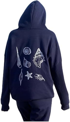 Yiulangde Women Teen Girls Cute Embroidered Flower Ocean Graphic Hoodies Coastal Preppy Long Sleeve Pocket Hoodie Sweatshirts - Conch Navy - Small - Image 1