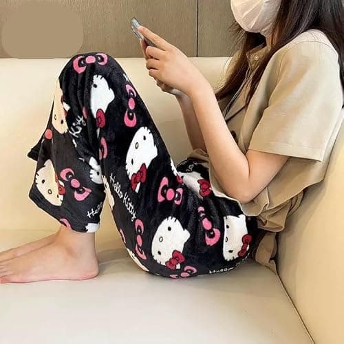 Pyjamahose Damen Lang, Pyjama Hose Damen Flanell Schlafanzughose Flauschig Schlafanzug Hosen Y2K Anime Cartoon Kuschelhose Zuhause Schlaf Schlafhose Bequeme Schlafanzughosen für Teenager Mädchen thumbnail 7