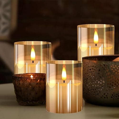 Tyawon Glass Battery Operated LED Flameless Candles with Remote and Timer, Real Wax Candles Warm Color Flickering Light for Festival Wedding Home Party Decor(Pack of 3)-Gold thumbnail 2