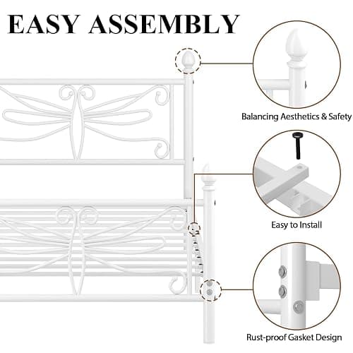 E-Ser Twin Size Bed Frame, Metal Platform Bed Frame with Dragonfly Pattern Headboard and Footboard, Strong Metal Slats Support, No Box Spring Needed, Easy Assembly, Noise-Free, White thumbnail 7