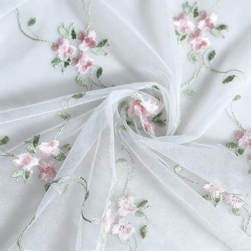 1PC Victorian Style Floral Sheer Swag Curtain Valance for Arched Door | Pink Embroidered Window Treatment with Beaded Trim, Rod Pocket Light Filtering Tier Curtain for Kitchen Princess Bedroom thumbnail 6