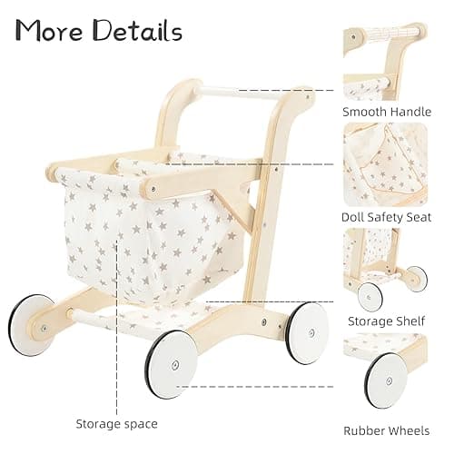 labebe Baby Push Walker Doll Stroller, Push Toy for Toddler, Shopping Cart for Girls and Boys 1 Years Old, Kids Stand Learning Walker, Wooden Play Wagon with Wheel, Larger Size 15.2 * 18.7 * 19.7 thumbnail 6