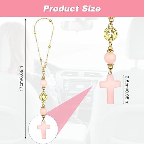 Car Rear View Mirror Accessories Car Hanging Ornament, Cross Unique Rearview Decor Charm Rose Quartz Crystal Beads Cross Swinging Interior Decor for Women Men (Pink) thumbnail 3
