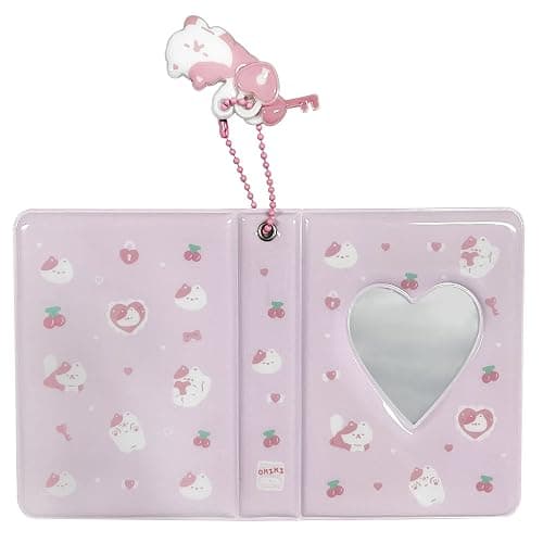 3 Inch Mini Photo Album, Heart Hollow Card Binder Photo Card Holder with Pendant 40 Pockets (pink white cat) thumbnail 5