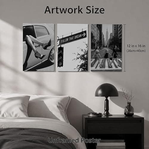 3Pcs Black White Fashion Women Unframed Canvas Wall Art, Retro NYC Decor | Vintage Street Scene Trendy Chic Luxury Feminist Glam Motivational Art Print, Flexible Frame for Bedroom Living Room Decor thumbnail 2