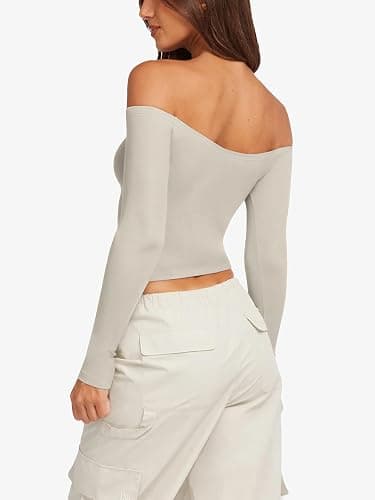 LASLULU Womens Sexy Off The Shoulder Long Sleeve Workout Tops Strapless T Shirts Crop Top Casual Fall Outfits thumbnail 5