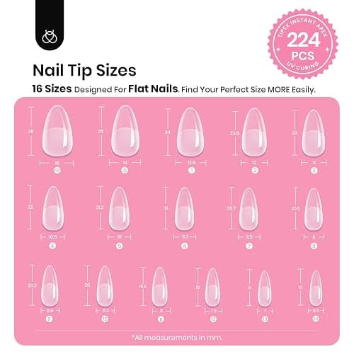 Beetles Tipex Gel Nail Kit, Medium Almond Nail Tips 224 Pcs 16 Sizes Pre-Building Pre-Etched False Nail Tips with Tipex Nail Glue, Mini Nail Lamp Thick Acrylic Nail Set thumbnail 3
