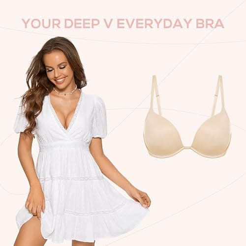 DOBREVA Women's Push Up Bra Plunge Deep V T Shirt Bras Padded Underwire Add One Cup thumbnail 2