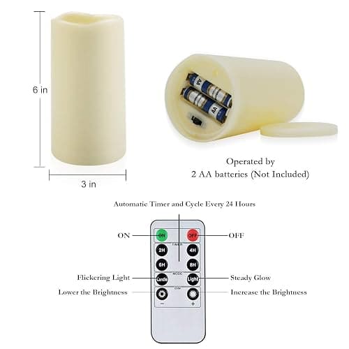 Amagic 3" x 6" Waterproof Outdoor Flameless Candles, Battery Operated Candles with Remote and Timer, Flickering LED Pillar Candle for Outside Patio Garden and Indoor Home Decor, Ivory, Set of 2 thumbnail 6