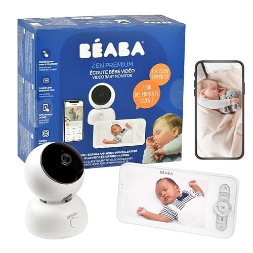 Béaba, Babyphone, Ecoute Bébé Vidéo 2 en 1, Ecran/Application mobile dédiée, Caméra HD, Rotation à 360°, Vision Nocturne, Talkie Walkie, Berceuses, Contrôle température et humidité, Zen Premium Blanc - Image 1