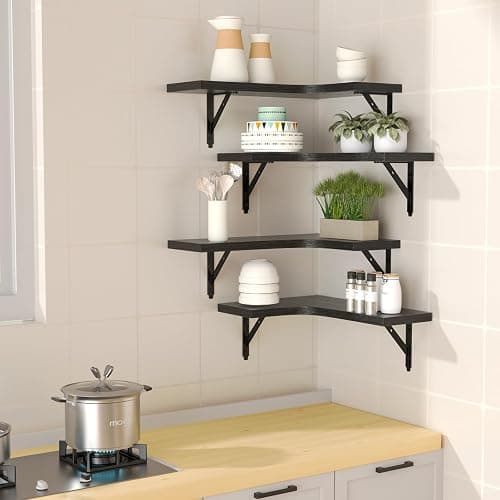 ROMGUAR CRAFT Corner Floating Shelves Wall Mounted Set of 4, Rustic Wood Storage Display Shelves for Home Decor, Bathroom, Kitchen, Bedroom, Living Room, Office (Black) thumbnail 2
