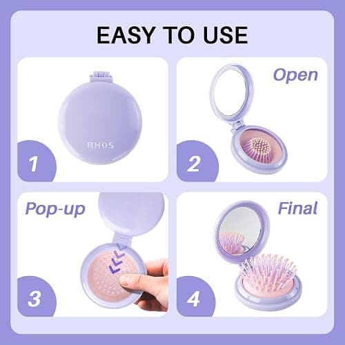 RHOS Hair Brush with Mirror for Women, Girls - Compact Folding Brush with Soft Nylon Bristles and Mirror - Portable Hair Brush for Travel (Purple) thumbnail 5