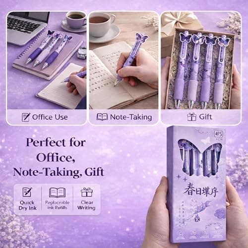 Eloxomer Cute Purple Butterfly Gel Pens Set, 4 Pack Retractable 0.5mm Black Ink Writing Pens with 10 Refill & Sticky Notes for School, Office, Gifts for Girls, Students & Friends thumbnail 6