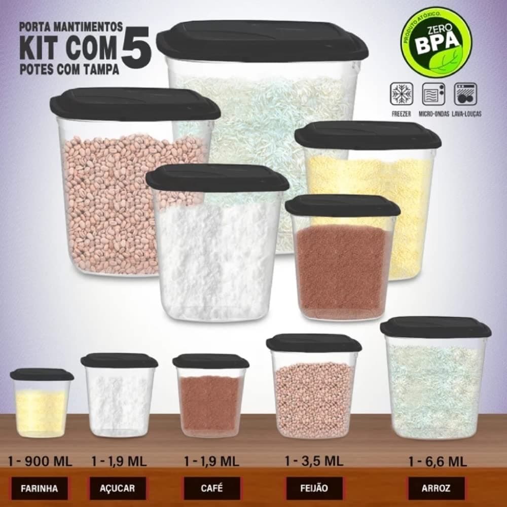Uninjet Conjunto Básico de 5 Potes para Mantimento com Tampa - 6.6L, 3.5L, 1.9L, 1.9L, 0.9L - Preto thumbnail 2