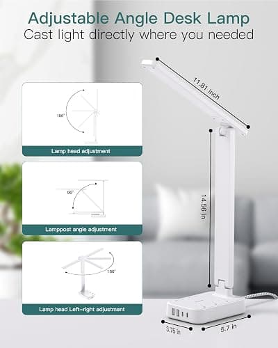 Addtam LED Desk Lamp, Power Strip with 3 Outlets 4 USB Charging Ports(2 USBC), 4 Modes 5 Level Brightness Touch Lamp, Small Desk Lamp for Home Office College Dorm Room Essentials, White - White - 5 FT thumbnail 4