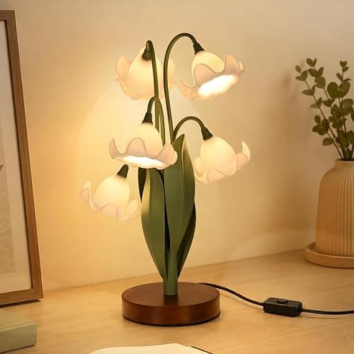NewAoNaSen Lighting Flower Table Lamp for Bedroom, LED Cute Reading Light | 5 White Magnolia Flower of The Valley Desk Lamp Bedside Lamps for Nightstands Home Decor,Soft Night Light for Living Room - Image 1
