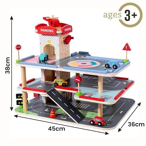Wooden Toy Garage for Children 3+ Years with Cars Kids Car Ramp Parking 3 Level Car Park Gift Playset with Lift and Road Signs thumbnail 3