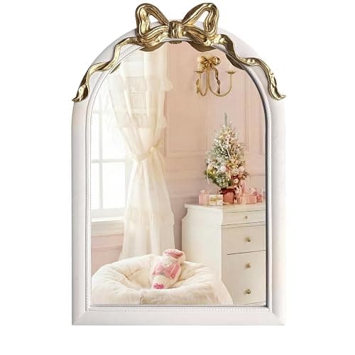 iyabat 36x24 Arched White Bow Wall Mirror with Gold Ribbon, Vintage Vanity Mirror for Bedroom & Nursery Decor, Cute Coquette Aesthetic Engineered Wood Frame, Shabby Chic Style - Image 1