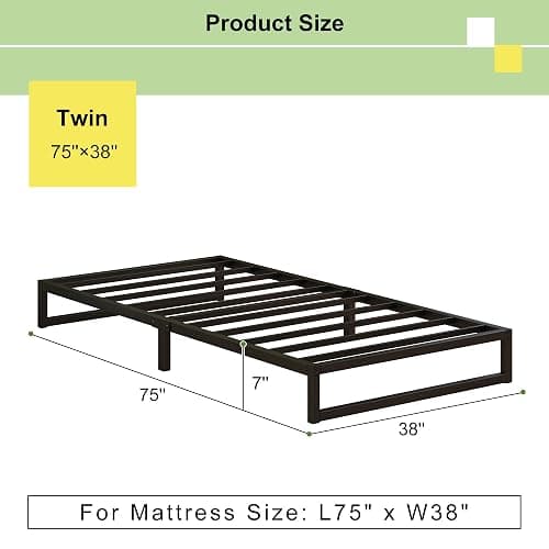 EMODA 7 Inch Twin Bed Frames No Box Spring Needed, Heavy Duty Metal Twin Platform Bed Frame, Noise Free, Easy Assembly, Black thumbnail 2
