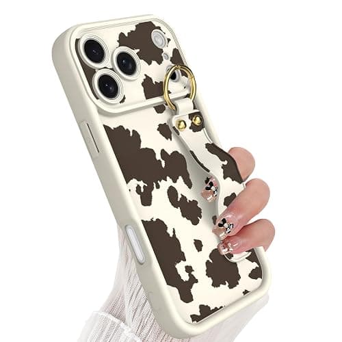 Jefonha Cute for iPhone 17 Pro Max Case with Strap Stand, Brown Milk Cow | Aesthetic Cow Animal Print, Adjustable Finger Hand Grip Holder, Kickstand Function, Durable Silicone Protective Cover - Image 1