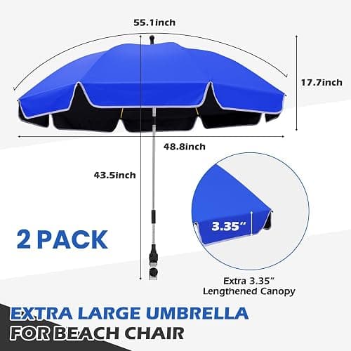 QTREE intelligence 2Pack 48.8 inch Large Beach Umbrella with Clamp Sun Shade for Beach Chair, 360°Adjustable UV Protection Golf Umbrella with Clip for Outdoor Stroller Wheelchair Camping Chair thumbnail 2