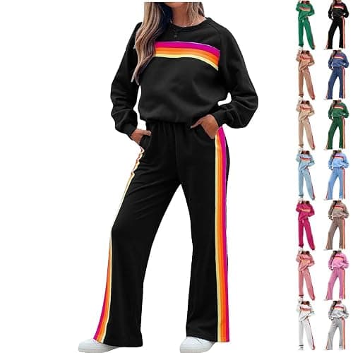 Womens 2 Piece Sets Rainbow Striped Pullover Sweatshirt High Waist Sweatpants Color Blocked Suit Lounge Matching Sweatsuit thumbnail 3
