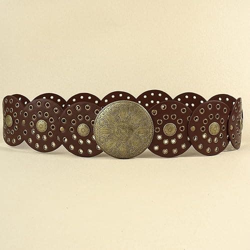 NociHah Wide Disc Western Belt for Women Boho Concho Leather Belts Vintage Cowboy Waist Belt for Dress thumbnail 5