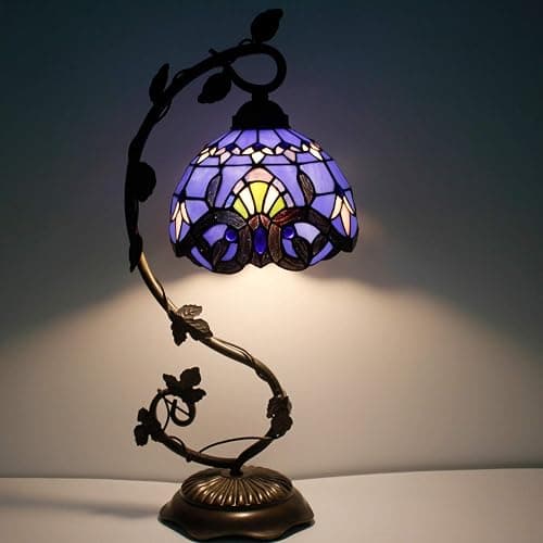 WERFACTORY Tiffany Table Lamp Blue Purple Stained Glass Baroque Style Reading Desk Light, Metal Leaf Base 8X10X21 Inches Decor Small Space Bedside Bedroom Home Office S003C Series thumbnail 2