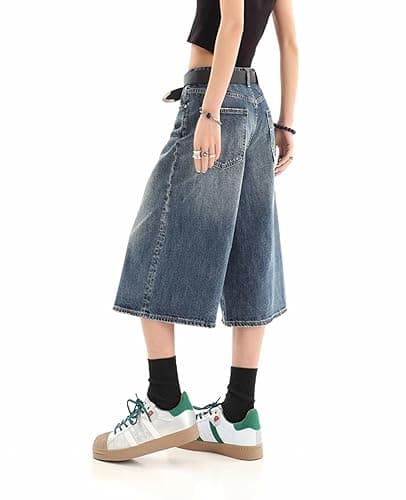 Lafaguw Cropped Jeans for Women Men High Waist Wide Leg Baggy Jorts Y2K Casual Denim Capris Pants Grunge Summer Clothes. thumbnail 5