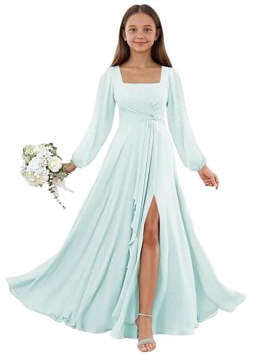 EVASIE Junior Bridesmaid Dresses Long Sleeve Chiffon Flower Girl Dress with Slit Square Neck Kids Prom Party Dress - Image 1