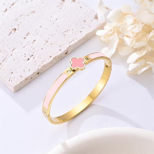 ⭐️KYJAC Clover Bracelets for Women Gold and Silver Chunky Oval Clover Bangle | 18k Gold Plated Stainless Steel,Precision Polished Non Tarnish,Black/White/Red/Pink/Orange Clover Bracelet Gifts for Women thumbnail 6