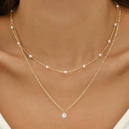 Gold Pearl Necklace for Women, 14K Gold Plated Layered Pearl Necklaces for Women Trendy Simple Herringbone Chain Pearl Necklace for Women Gold Jewelry Gifts thumbnail 2