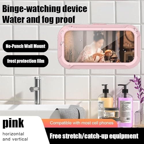 360° Rotatable Retractable Adjustable Shower Phone Case Holder,Anti-fog HD & sensitive screen ,Wall Mounted Phone Holder for Bathroom Mirror Bathtub Kitchen,Shower Accessories for 4-7" Phones (pink) thumbnail 2