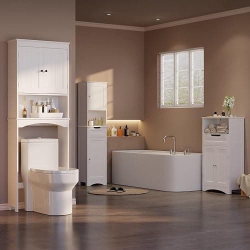 Gizoon Over The Toilet Storage Cabinet with Adjustable Shelf and Double Doors, Bathroom Space Saver Organizer Above Toilet with Open Shelf, Taller Wooden Free Standing Toilet Rack -White thumbnail 8