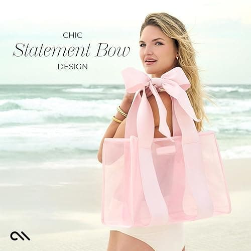 Case-Mate Pink Bow Beach Tote - Lightweight Beach Bag with Phone Pouch for Women - Waterproof, Tip-Proof, Foldable & Washable - Tote Bag for Beach, Pool, Travel and Vacation - Large - Ballet Pink - Large thumbnail 2